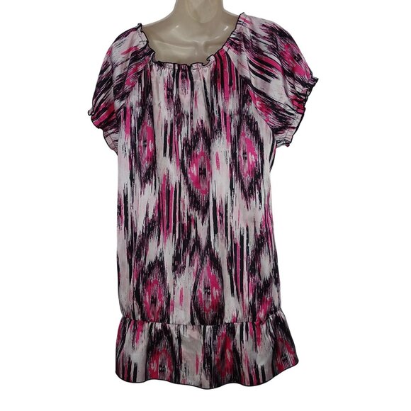 Cato Pink Black Abstract Tunic Top Woman Size 14W 16W Short Sleeve Ruffle Hem - Picture 4 of 5